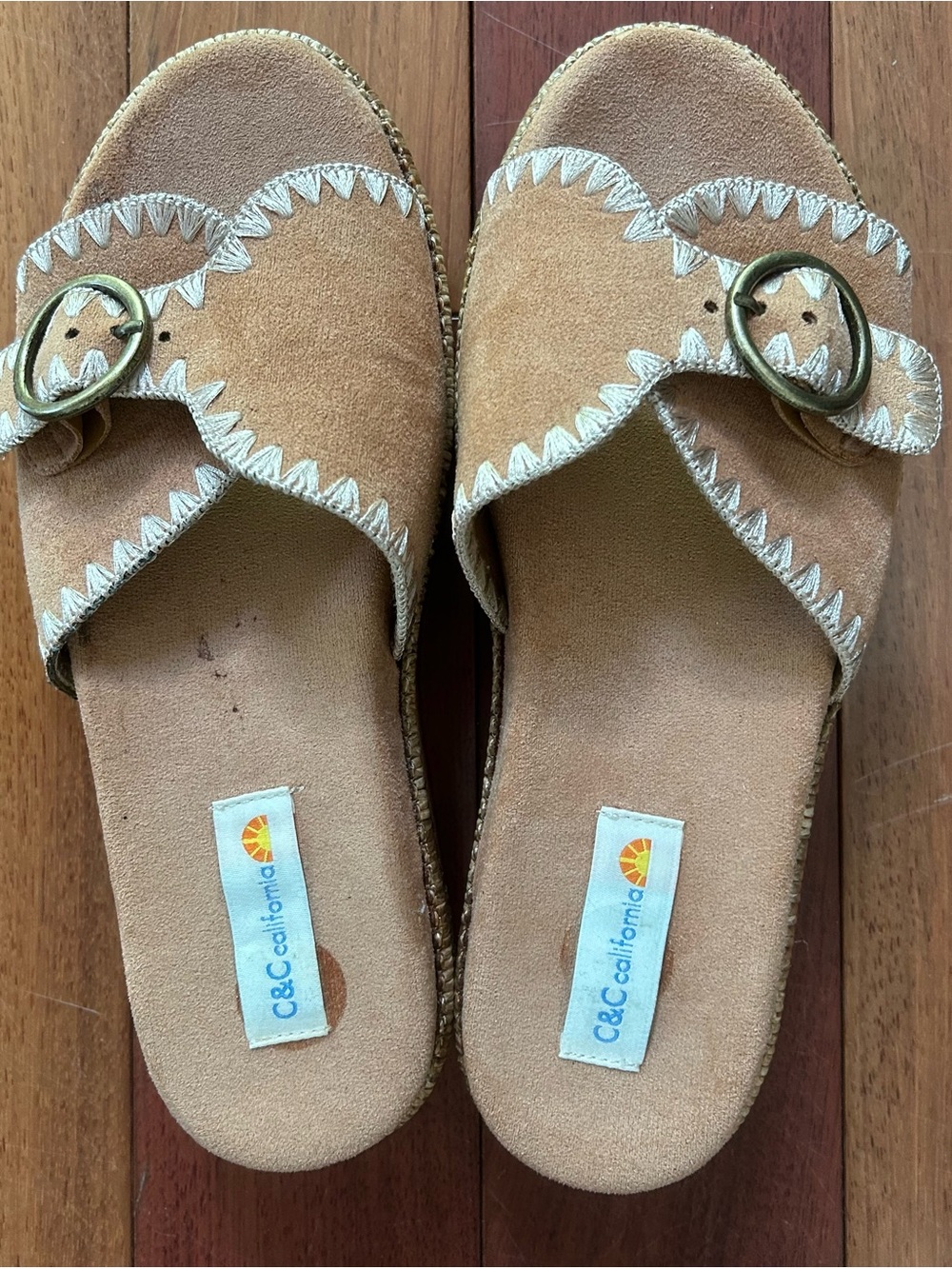C&C California Tan Suede Slide Sandals with Brass Buckle